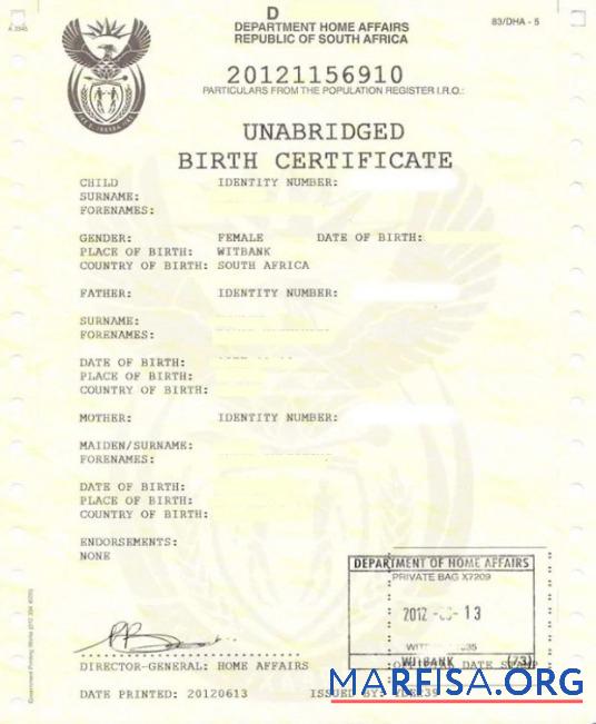 Blank South Africa Department home affairs birth certificate download for verification